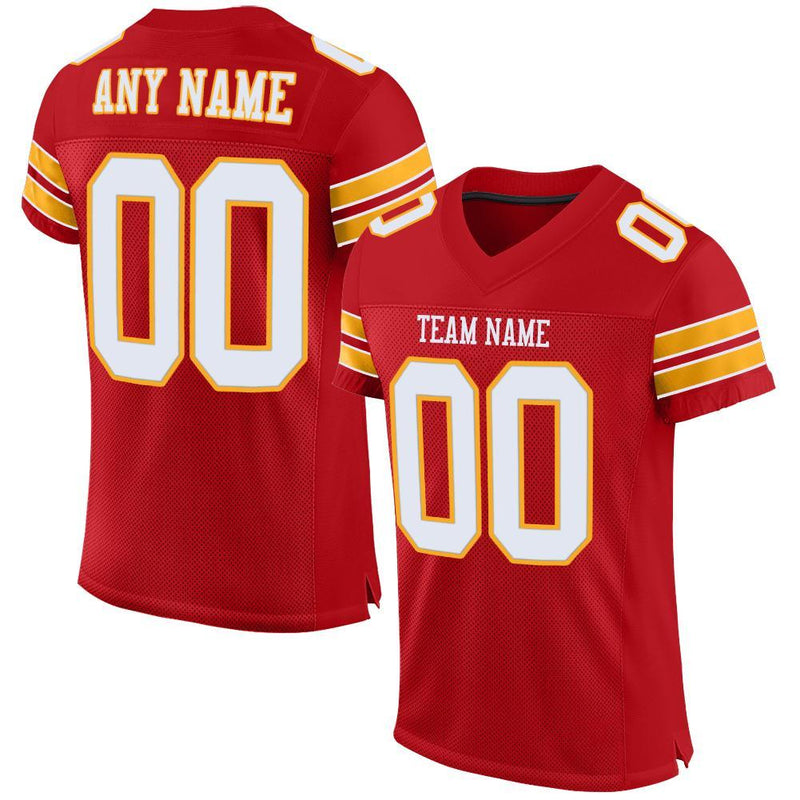 Custom Football Jersey, Red White Gold Sportswear Jersey Shirt, Athletic Mesh Moisture Wicking Jersey, Casual Gift for Men, Style Red0008