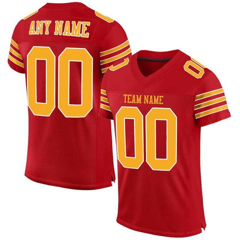 Custom Football Jersey, Red Gold White Sportswear Jersey Shirt, Athletic Mesh Moisture Wicking Jersey, Casual Gift for Men