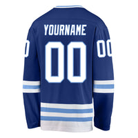 Custom Hockey Jersey, Royal White Light Blue Sportswear Jersey Shirt, Athletic Long Sleeve V Neck Jersey, Casual Gift for Men, Style Royal0194
