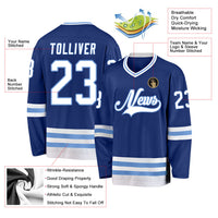 Custom Hockey Jersey, Royal White Light Blue Sportswear Jersey Shirt, Athletic Long Sleeve V Neck Jersey, Casual Gift for Men, Style Royal0194