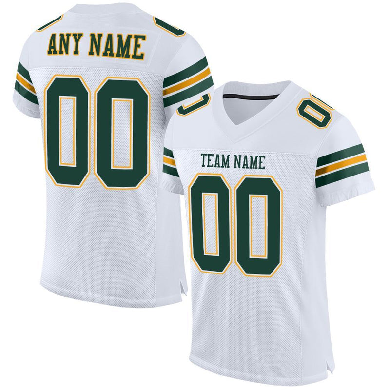 Custom Football Jersey, White Green Gold Sportswear Jersey Shirt, Athletic Mesh Moisture Wicking Jersey, Casual Gift for Men, Style White0003