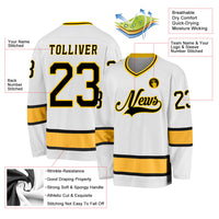 Custom Hockey Jersey, White Black Gold Sportswear Jersey Shirt, Athletic Long Sleeve V Neck Jersey, Casual Gift for Men, Style White0644