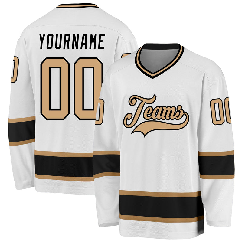 Custom Hockey Jersey, White Old Gold Black Sportswear Jersey Shirt, Athletic Long Sleeve V Neck Jersey, Casual Gift for Men